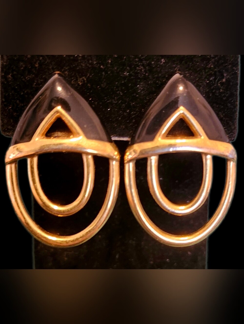 Vintage Monet Black Enamel & Goldtone Statement Earrings